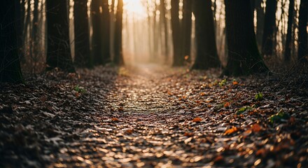 Sunlit Forest Path Covered in Fallen Leaves During Autumn Season