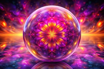 Enigmatic Orb A Celestial Flower Blooms Within a Reflective Sphere on a Serene, Vibrant Waterscape