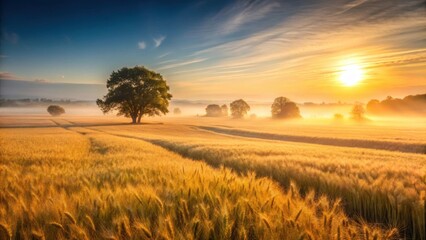 Obraz premium Golden Hour Serenity A Solitary Tree Stands Sentinel in a Misty Wheat Field Bathed in the Warm Glow of Sunrise