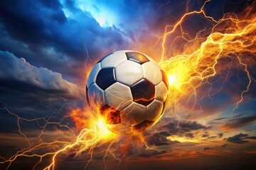 Fototapeta premium Fiery Soccer Ball Ascends Through Electrifying Storm Clouds, A Dramatic Image of Athletic Power and Intense Competition
