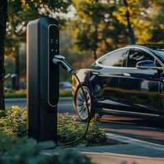 A sleek electric vehicle charging station powered by AI for fast charging Focus on the charging station and vehicle