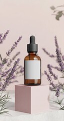 A amber glass dropper bottle, featuring a blank white label, sits atop a pink cube, surrounded by lavender sprigs.  Soft pink background