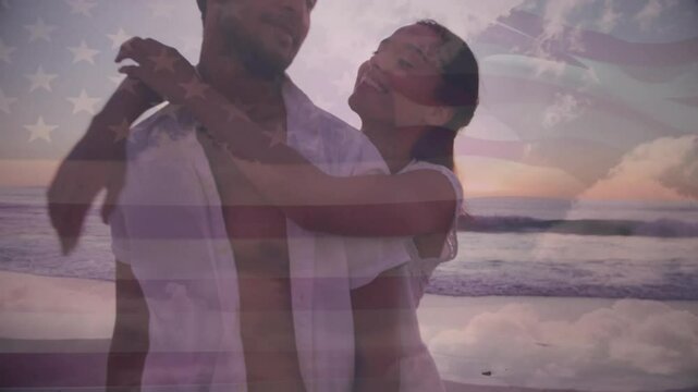 Woman approaching man on beach sunset, embracing under stars stripes overlay for marketing