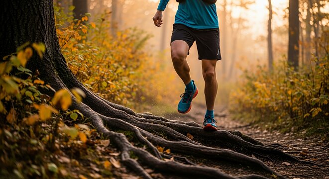Trail runner in autumn forest navigating tree roots on a foggy morning