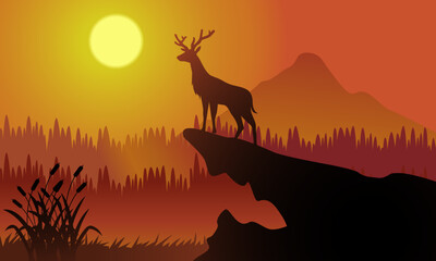 Deer with nature and mountains background with sunset, Vector Illustration