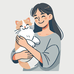 Happy Woman Holding Cat Vector Illustration On Plain Background Cartoon Style