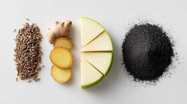 Healthy food flat lay ginger apple charcoal seeds