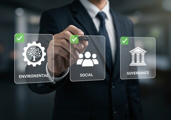 Man in suit pointing at environmental social governance icons with check marks on a dark background