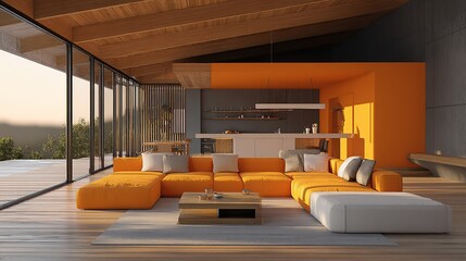 Bright living space with orange couch, wood floor, and exposed beam ceiling