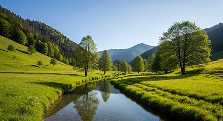 Tranquil River Flowing Through Lush Green Meadow in the Mountains