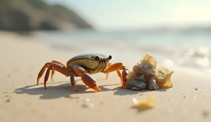 Marine Debris Impact: Crab Grasping plastic waste on Sandy Shore