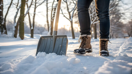 Person with Snow Shovel Clearing Driveway