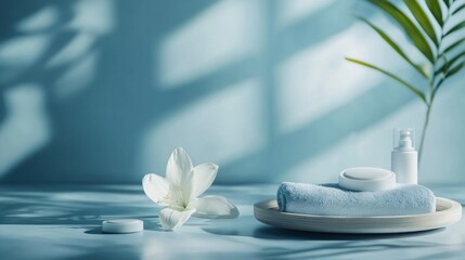 Muted blue theme with skincare pads and serene light targeting web designers and corporate decks