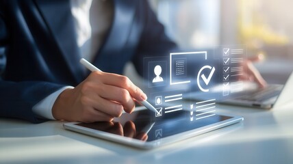 Completing digital checklist on a tablet, streamlines workflow process
