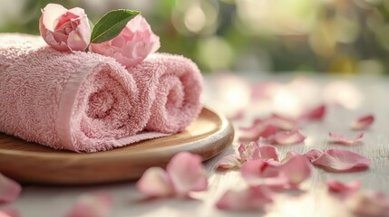Soft pink towel and rose-tinted oils as a nurse unwinds in a quiet moment--suits social media managers creating gentle wellness content