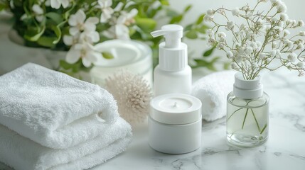 Soft white skincare set with a peaceful mood and fresh towels designed for social media managers and online retailers