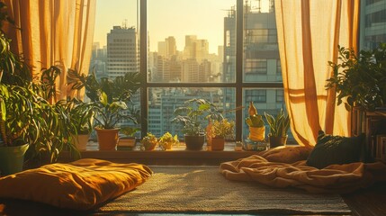The environment includes potted plants, cozy throws, and a view of a calm cityscape, using warm browns, yellows, and green hues