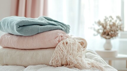 The scene features soft blankets, natural light, and a palette of soft pinks, muted blues, and whites