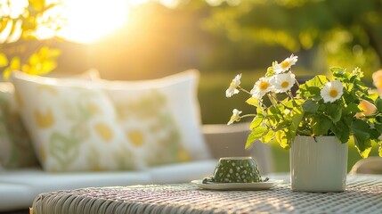 The setting is sunlit with colors of soft green, muted yellow, and creamy white