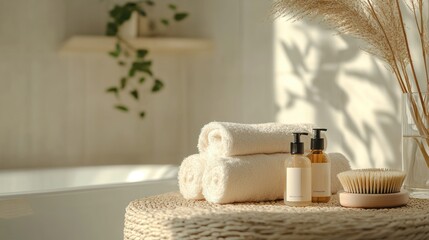 A beige robe spa day with body oils and minimalist design, where a woman does dry brushing--serene and dynamic, ideal for e-commerce product shoots