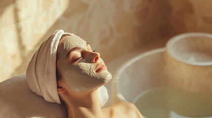A beige-toned spa retreat where a woman applies a clay mask, bathed in natural light, evoking a peaceful and calm mood--ideal for graphic designers and beauty product mockups