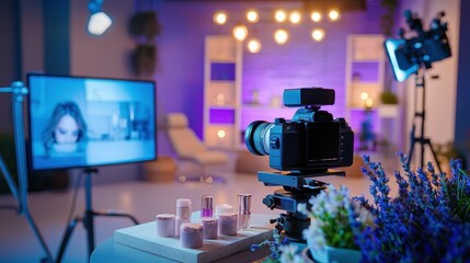 A broadcast studio sets up lavender-scented props and beauty icons for a segment on mental wellness, creating a calm and authoritative tone