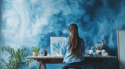 A blue-gray creative corner with a woman watercolor painting, giving off a peaceful and energetic mood, perfect for illustrators and educators