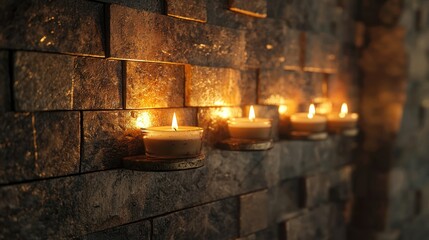 A brown stone wall where a man lights candles for meditation, relaxed and dynamic, perfect for content creators