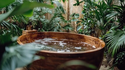 A brown wooden bathtub surrounded by plants with a man enjoying a natural soak, calm and trustworthy, great for design studios