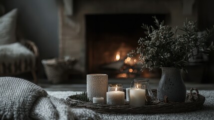 A gray winter beauty session by the fireplace, styled for a relaxed and bold message, ideal for seasonal promo campaigns