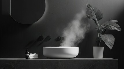 A grayscale morning routine with calming steam and minimalist beauty, giving a clean and dynamic energy for corporate health campaigns