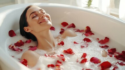 A joyful woman in a white bathtub with rose petals, cheerful and optimistic, great for advertising agencies