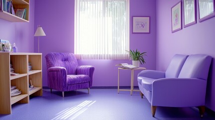 A lavender quiet room where a nurse reads a self-care book, calm and formal, great for educational platforms