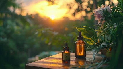 A lush green facial oil ritual on a porch garden with sunrise, evoking trustworthy wellness, for natural product brands