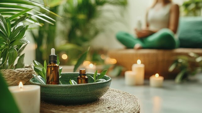 A green-themed mindfulness zone where a woman prepares for self-care with essential oils, evoking peace, optimism, for branding studios and wellness apps