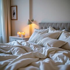 Fototapeta premium Cozy bedroom with a rumpled bed, soft pillows, warm candlelight, and soothing neutral tones creating a relaxing and inviting atmosphere.