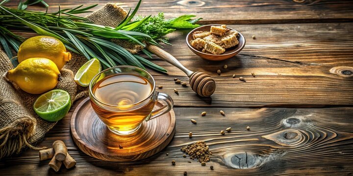 Aromatic herbal tea with citrus fruits and honey on rustic wooden surface - Powered by Adobe