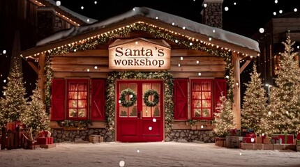 Santa's Workshop with christmas decorations pine trees and snow - Powered by Adobe