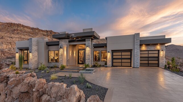 Modern desert home with gray stone accents, flat roof, and scenic mountain backdrop