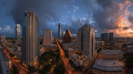 City skyline during dusk showcases urban landscape offices. Dramatic sunset with high-resolution view. AI generated.