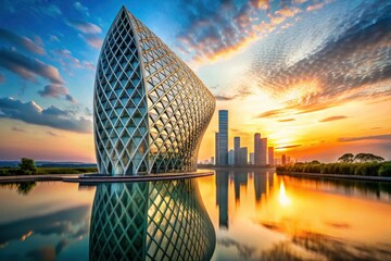 A Modern Architectural Marvel Reflects in a Serene Sunset Waterscape Beside a Skyline