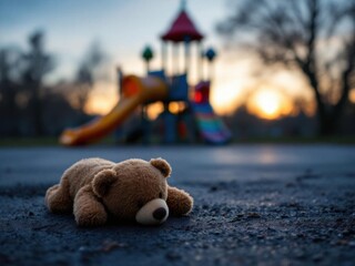 Lost teddy bear toy lying don on playground floor in gloomy day,Lonely and sad brown bear doll lied down alone in the park,lost toy or Loneliness concept,International missing Children day