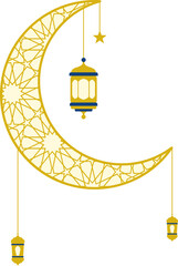 Islamic crescent moon decoration with floral pattern, arabic, mosque, and lantern ornament for eid mubarak, ramadan, islamic new year. Vector isolated.
