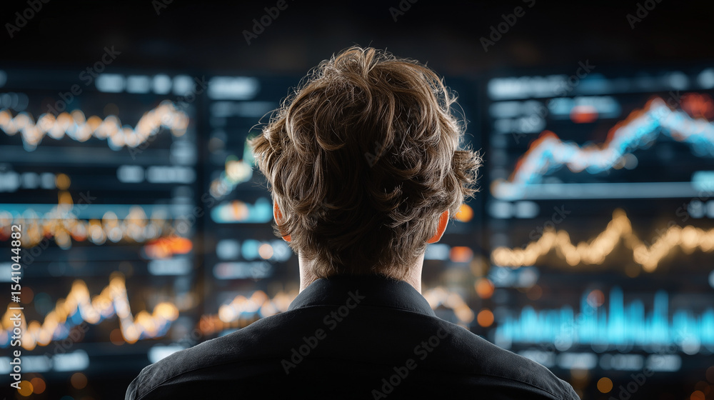 Poster market analyst contemplation: the back of a person gazes intently at a series of illuminated monitor