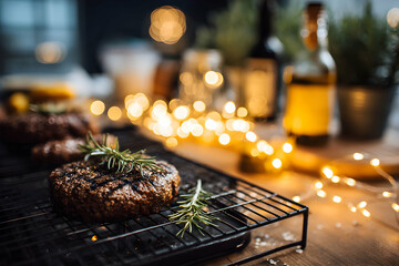 Grilled Burger Patty Close Up With Rosemary On Wire Rack and Warm Lights on Wooden Table