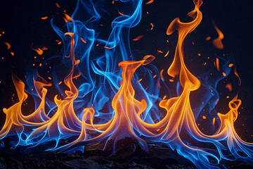 Dynamic Blue and Orange Flames with Flying Sparks on a Dark Background