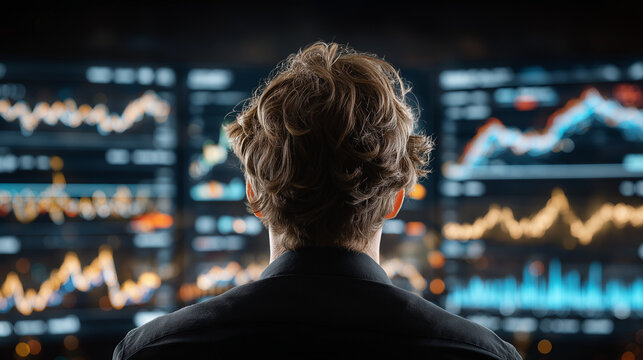 Market Analyst Contemplation: The back of a person gazes intently at a series of illuminated monitors displaying real-time stock market data.