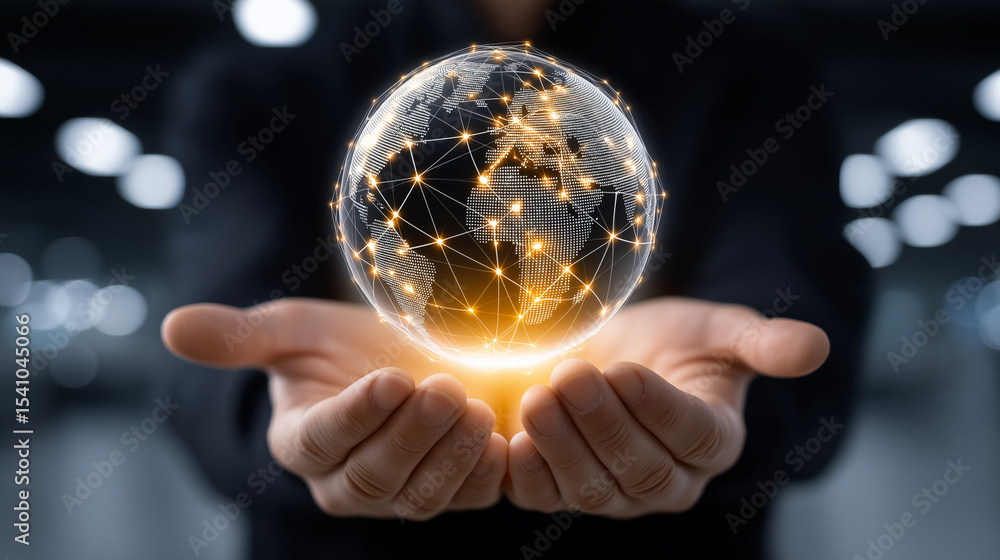 Poster global network: a person holds the world, symbolizing interconnectedness, digital networks, and glob