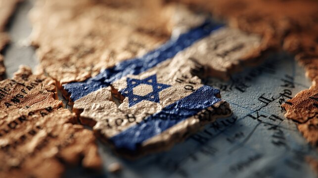 Flag of Israel closeup on the map The capital Jerusalem Closeup of the world map Israel
