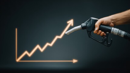  Hand with fuel nozzle and rising chart showing gasoline price increase during energy crisis